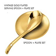 Vintage Gold Plated Serving Spoon Plus Plate Set Self Service Spoon Buffet Korean Style