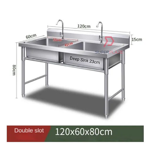 L120xW60xH80cm Commercial Stainless Steel Double Deep Bowl Sink Set With Stand