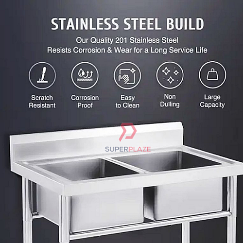 L120xW60xH80cm Commercial Stainless Steel Double Deep Bowl Sink Set With Stand