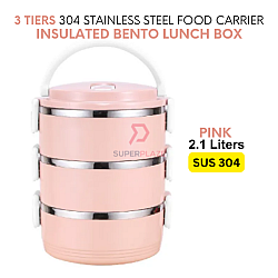 Pink Color 3 Tiers 304 Portable Stainless Steel Food Storage Carrier Insulated Bento Lunch Box