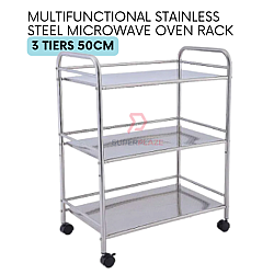 50cm 3 Tiers Stainless Steel Microwave Oven Rack Multifunctional Desktop Floor Rack Side Table Cart Trolley