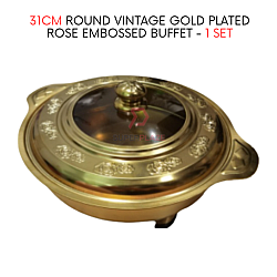 1 Set 31cm Round Vintage Gold Plated Rose Embossed Buffet Set Food Pan Chafing Dish Serving Set Tray