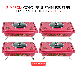 4 Sets Red Straight 34x28cm Colorful Stainless Steel Embossed Buffet Food Pan Catering Food Serving Tray