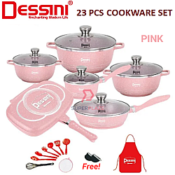 Pink Color 23 Pcs Dessini Cookware Set Italy Granite Aluminium Non Stick Casserole Pot Wheat Rice Stone Pot Bowl Deep