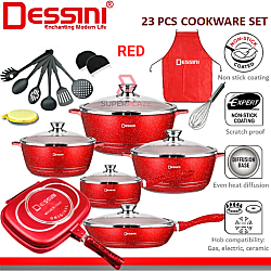 Red Color 23 Pcs Dessini Cookware Set Italy Granite Aluminium Non Stick Casserole Pot Wheat Rice Stone Pot Bowl Deep