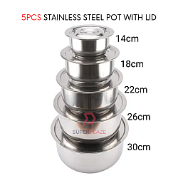 5 Pcs Stainless Steel Pot With Lid Periuk Bertutup Steel Indian Pot Periuk Set Degchi Pot