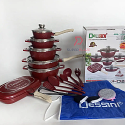 Maroon Color 23 Pcs Dessini Cookware Set Italy Granite Aluminium Non Stick Casserole Pot Wheat Rice Stone Pot Bowl Deep
