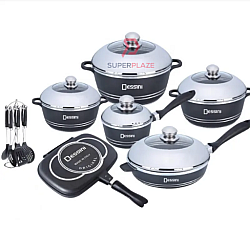 Black Color 23 Pcs Dessini Cookware Set Italy Granite Aluminium Non Stick Casserole Pot Wheat Rice Stone Pot Bowl Deep