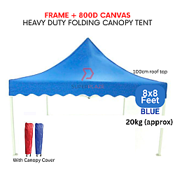 Blue 8x8 Feet Full Set 800D Canvas Heavy Duty Folding Canopy Tent Kanopi Bazar Payung Pasar Malam Khemah
