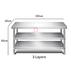 L120xW60xH80cm 3 Tiers Stainless Steel Kitchen Table Storage Heavy Duty Cooking Table Rack