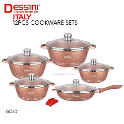 Gold Color 12pcs Dessini Italy Cookware Sets Granite Aluminium Non Stick Grill Fry Pan Casserole Pot Bowl