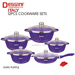Dark Purple Color 12pcs Dessini Italy Cookware Sets Granite Aluminium Non Stick Grill Fry Pan Casserole Pot Bowl