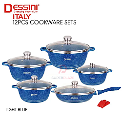 Light Blue Color 12pcs Dessini Italy Cookware Sets Granite Aluminium Non Stick Grill Fry Pan Casserole Pot Bowl
