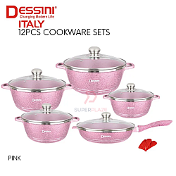 Pink Color 12pcs Dessini Italy Cookware Sets Granite Aluminium Non Stick Grill Fry Pan Casserole Pot Bowl