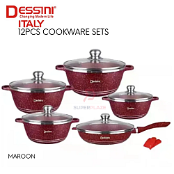 Maroon Color 12pcs Dessini Italy Cookware Sets Granite Aluminium Non Stick Grill Fry Pan Casserole Pot Bowl