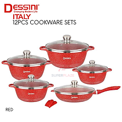 Red Color 12pcs Dessini Italy Cookware Sets Granite Aluminium Non Stick Grill Fry Pan Casserole Pot Bowl