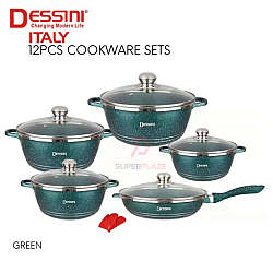 Green Color 12pcs Dessini Italy Cookware Sets Granite Aluminium Non Stick Grill Fry Pan Casserole Pot Bowl