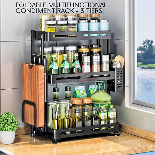 Kitchen Powder Rack 3 Tiers Foldable Multifunctional Condiment Rack Black Powder Coating ...
