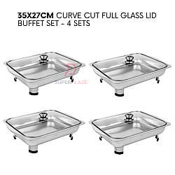 4 Sets 35x27cm Full Glass Lid Stainless Steel Buffet Set Catering Serving Tray Food Pan