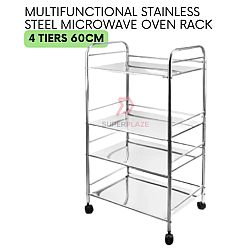 60cm 4 Tiers Stainless Steel Microwave Oven Rack Multifunctional Desktop Floor Rack Side Table Cart Trolley