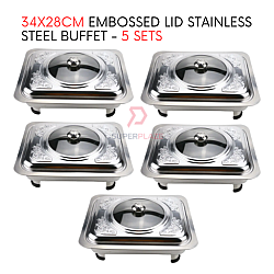 5 Sets 34x28cm Straight Cut Embossed Lid Stainless Steel Buffet Set Catering Serving Tray Food Pan