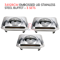 3 Sets 34x28cm Straight Cut Embossed Lid Stainless Steel Buffet Set Catering Serving Tray Food Pan
