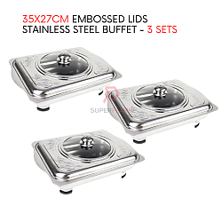 3 Sets 35x27cm Curve Cut Embossed Lids Stainless Steel Buffet Set Catering Serving Tray Food Pan