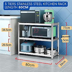 3 Tiers 80cm Stainless Steel Kitchen Rack Galvanized Multifunctional Microwave Oven Storage Rack