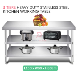 L150xW80xH80cm 3 Tiers Stainless Steel Kitchen Table Storage Heavy Duty Cooking Table Rack