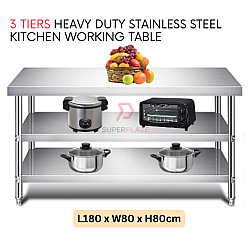 L180xW80xH80cm 3 Tiers Stainless Steel Kitchen Table Storage Heavy Duty Cooking Table Rack