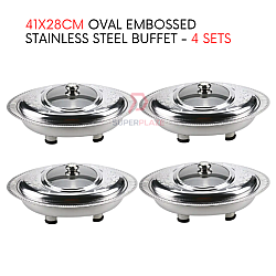 4 Sets 41x28cm Oval Cut Embossed Stainless Steel Buffet Set Catering Serving Tray Food Pan Warmer
