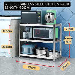 3 Tiers 90cm Stainless Steel Kitchen Rack Galvanized Multifunctional Microwave Oven Storage Rack