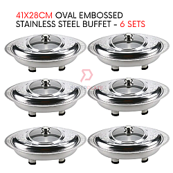 6 Sets 41x28cm Oval Cut Embossed Stainless Steel Buffet Set Catering Serving Tray Food Pan Warmer