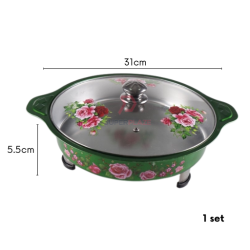 Green 1 Set 31cm Round Colorful Buffet Set Rose Design Glass Lid Food Pan Chafing Dish Tray