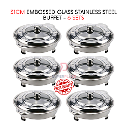 6 Sets 31cm Round Embossed Lids Stainless Steel Buffet Set Catering Serving Tray Food Pan