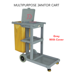 Grey With Cover Commercial Janitor Cart Heavy Duty Cleaner Trolley Multifunctional Housekeeping Cart