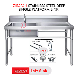 Left Sink Zirafah Stainless Steel Single Bowl Sink With Drainboard Commercial Platform Sink