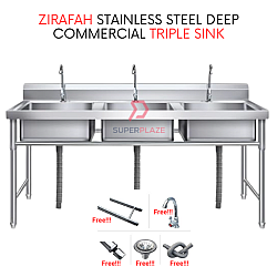 Zirafah Round Frame Commercial Stainless Steel Triple Deep Bowl Sink Set With Stand