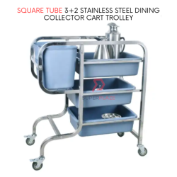 Square Tube 3 plus 2 Stainless Steel Dining Collector Cart Food Court Trolley Dishes Waste Service Cart