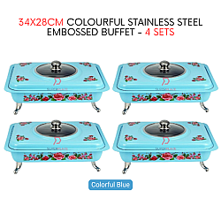 4 Sets Blue Straight 34x28cm Colorful Stainless Steel Embossed Buffet Food Pan Catering Food Serving Tray