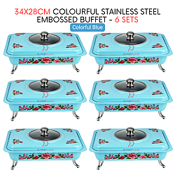 6 Sets Blue Straight 34x28cm Colorful Stainless Steel Embossed Buffet Food Pan Catering Food Serving Tray