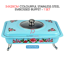 1 Set Blue Straight 34x28cm Colorful Stainless Steel Embossed Buffet Food Pan Catering Food Serving Tray