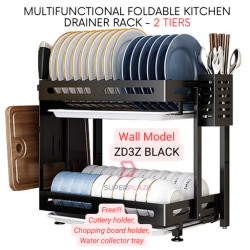 2 Tiers Wall Mounted Type Foldable Dishes Drainer Black Coating Multifunctional Dish Rack Kitchen Shelve Rack