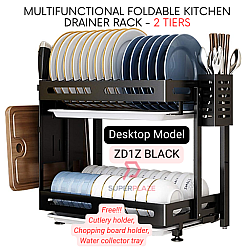 2 Tiers Desktop Type Foldable Dishes Drainer Black Coating Multifunctional Dish Rack Kitchen Shelve Rack