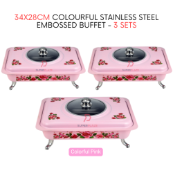 3 Sets Pink Straight 34x28cm Colorful Stainless Steel Embossed Buffet Food Pan Catering Food Serving Tray