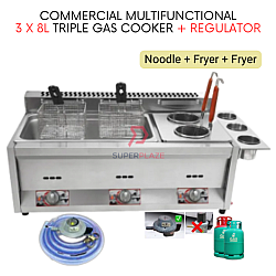Noodle Fryer 3 x 8L With Regulator Triple Gas Commercial Multifunctional Ventilation Deep Oden Cooker
