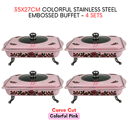 4 Sets Pink Curve 35x27cm Colorful Stainless Steel Embossed Buffet Food Pan Catering Food Serving Set Tray