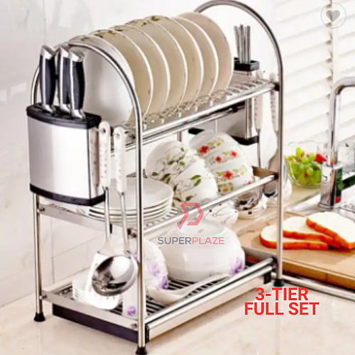 3 Tiers Full Set SUS304 Multifunction Dish Rack Pinggan Stainless Steel