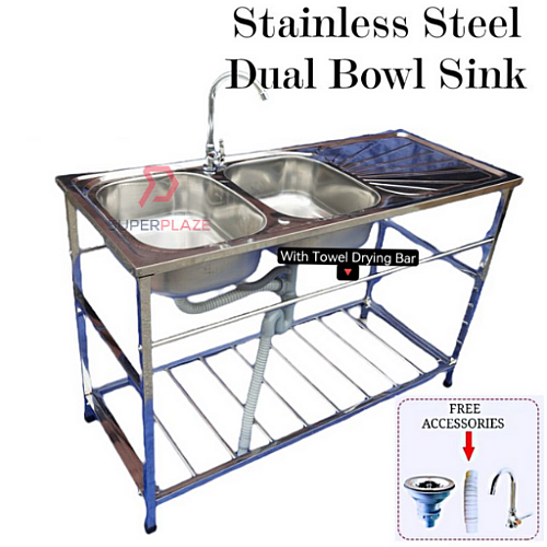 Dual Sink Stainless Steel Kitchen Double Sink Drainer Dish Rack Organizer