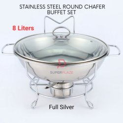 Full Silver 8 Liters Stainless Steel Round Chafer Chafing Dish Buffet Set Kenduri Set Berkas Lauk Catering Set